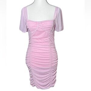 Liz & Sara Pink Ruched Bodycon Mini Dress Large Puff Sleeve Milkmaid Square Neck